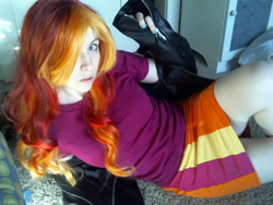 Size: 640x480 | Tagged: safe, artist:littlemissbloo, sunset shimmer, human, g4, clothes, cosplay, cute, irl, irl human, jacket, leather jacket, photo, skirt, skirt lift, solo