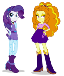 Size: 3000x3562 | Tagged: safe, artist:bubblestormx, adagio dazzle, rarity, equestria girls, g4, adagio dazzle's boots, belt, boots, bracelet, clothes, clothes swap, duo, female, fingerless gloves, gem, gloves, hairband, high heel boots, high res, jewelry, legs, shirt, shoes, shorts, simple background, siren gem, skirt, socks, stockings, thigh highs, transparent background