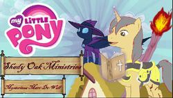 Size: 642x361 | Tagged: safe, edit, edited screencap, screencap, mare do well, oc, pony, unicorn, g4, the mysterious mare do well, armor, bible, blood, brony bible study, duo, fire, house, jpg artifacts, magic, open mouth, reading, roof, rooftop, royal guard, scar, shady oak ministries, smiling, telekinesis, text, torch, video at source, wat