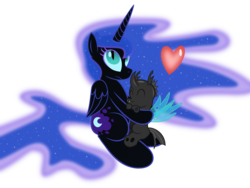 Size: 4000x3000 | Tagged: safe, artist:drawponies, artist:plasmana, nightmare moon, alicorn, changeling, pony, g4, cute, heart, hug, missing accessory, nicemare moon, simple background, snuggling, transparent background, vector