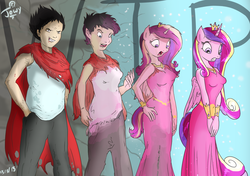 Size: 1232x868 | Tagged: safe, artist:jowyb, princess cadance, human, anthro, g4, akira, bracelet, character to character, clothes, dress, frown, grin, gritted teeth, human to anthro, human to pony, male to female, rule 63, smirk, solo, tetsuo shima, transformation, transgender transformation, wat, wide eyes
