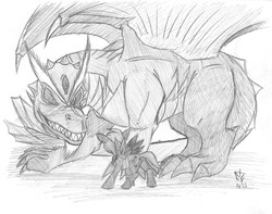 Size: 3159x2492 | Tagged: safe, artist:faroth, oc, oc:cazador de sombras, dragon, original species, crossover, doctor who, fanfic, fanfic art, high res, monochrome, pencil, sketch, traditional art