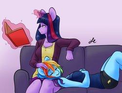 Size: 658x500 | Tagged: safe, artist:ambris, artist:lolopan, rainbow dash, twilight sparkle, unicorn, anthro, g4, blouse, book, breasts, clothes, couch, eyes closed, female, glowing horn, head pat, horn, lesbian, magic, mare, pat, petting, reading, ship:twidash, shipping, shorts, sleeping, smiling, telekinesis