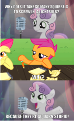 Size: 1325x2189 | Tagged: safe, apple bloom, scootaloo, sweetie belle, squirrel, bloom & gloom, g4, bad sweetie belle joke, spongebob squarepants, squirrel jokes