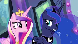 Size: 1920x1080 | Tagged: safe, screencap, princess cadance, princess luna, alicorn, pony, equestria girls, g4, aunt and niece, duo, female, jewelry, magic mirror, mirror, regalia, tiara