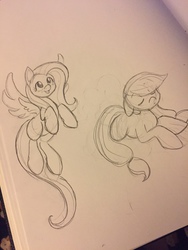 Size: 960x1280 | Tagged: safe, artist:professorsly, applejack, fluttershy, g4, monochrome, sketch, traditional art