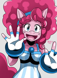 Size: 1244x1708 | Tagged: safe, artist:ss2sonic, pinkie pie, earth pony, anthro, g4, afro, alternate hairstyle, bracelet, breasts, busty pinkie pie, clothes, female, fingerless gloves, four fingers, gloves, headband, older