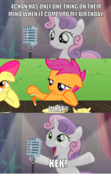 Size: 1325x2095 | Tagged: safe, edit, edited screencap, screencap, apple bloom, scootaloo, sweetie belle, bloom & gloom, g4, 4chan, bad sweetie belle joke, caption, image macro, kek, text