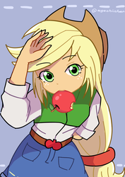 Size: 2480x3507 | Tagged: safe, artist:ayachiichan, applejack, equestria girls, g4, apple, female, high res, mouth hold, solo