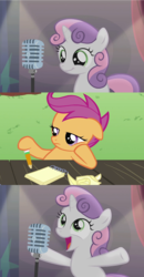 Size: 870x1674 | Tagged: safe, edit, edited screencap, screencap, scootaloo, sweetie belle, pegasus, pony, unicorn, bloom & gloom, g4, bad sweetie belle joke, curtains, duo, female, filly, foal, hat, microphone, notepad, pencil, stage, template