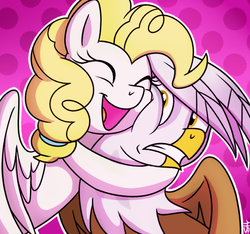Size: 584x546 | Tagged: safe, artist:sorcerushorserus, gilda, surprise, griffon, pegasus, pony, comic:dash academy, g1, g4, adoraprise, cute, duo, eyes closed, female, g1 to g4, generation leap, gildadorable, gildaprise, grin, hug, lesbian, mare, open mouth, open smile, pink background, shipping, simple background, smiling, spread wings, squishy cheeks, wings