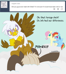 Size: 1035x1157 | Tagged: safe, artist:dbkit, dumbbell, fluttershy, gilda, rainbow dash, griffon, pegasus, pony, g4, ask, no pupils, swearing, tumblr, younger