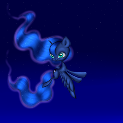 Size: 540x540 | Tagged: safe, artist:pinipy, princess luna, g4, blue, cute, female, filly, flying, night, night sky, single, solo, woona