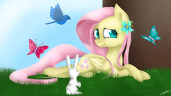 Size: 1930x1080 | Tagged: safe, artist:emalajiss36, angel bunny, fluttershy, bird, butterfly, pegasus, pony, rabbit, g4, animal, eyelashes, female, flower, flower in hair, lying down, mare, outdoors, prone, signature, smiling, solo, tree