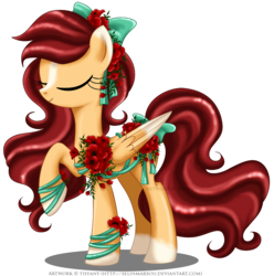 Size: 1170x1179 | Tagged: safe, artist:tiffanymarsou, part of a set, oc, oc only, oc:sunnyside, bow, eyes closed, flower, flower in hair, may festival, raised hoof, ribbon, simple background, smiling, solo, tail bow, transparent background