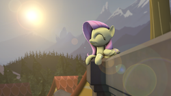 Size: 1920x1080 | Tagged: safe, artist:indexpony, fluttershy, g4, 3d, balcony, canterlot, female, happy, lens flare, solo, sun