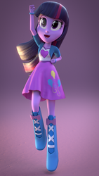 Size: 1080x1920 | Tagged: safe, artist:3d thread, artist:creatorofpony, pinkie pie, twilight sparkle, series:humane six in pinkie pie's clothes, equestria girls, g4, 3d, 3d model, blender, boots, bracelet, clothes, clothes swap, female, jumping, open mouth, open smile, pinkie pie's boots, pinkie pie's clothes, pinkie pie's jacket, pinkie pie's shirt, pinkie pie's skirt, shirt, skirt, smiling, solo, teenager, twilight sparkle (alicorn), twilight sparkle in pinkie pie's clothes, vest