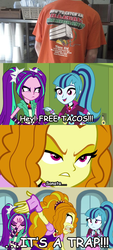 Size: 450x1000 | Tagged: safe, edit, edited screencap, screencap, adagio dazzle, aria blaze, sonata dusk, equestria girls, g4, my little pony equestria girls: rainbow rocks, caption, clothes, facepalm, female, illegal immigrants, immigration, it's a trap, racism, screencap comic, sonataco, t-shirt, taco, taco cid, that girl sure loves tacos, that siren sure does love tacos