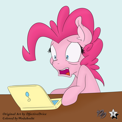 Size: 4000x4000 | Tagged: safe, artist:dfectivedvice, artist:wodahseht, pinkie pie, g4, computer, female, laptop computer, reaction image, shocked, solo, wide eyes