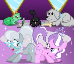 Size: 800x691 | Tagged: safe, artist:magerblutooth, diamond tiara, silver spoon, oc, oc:dazzle, oc:iggy, oc:imperius, cat, dog, earth pony, iguana, pony, g4, battleship, bone, bump bump sugar lump rump, butt to butt, butt touch, eye contact, female, filly, floppy ears, frown, glare, looking at each other, looking back, mirror, raised eyebrow, raised tail, smiling, smirk, sparkles, tail