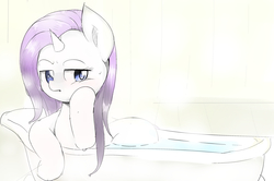 Size: 3023x2006 | Tagged: safe, artist:skippy_the_moon, rarity, g4, bath, bathtub, female, high res, partially submerged, pixiv, sad, simple background, solo, steam, water