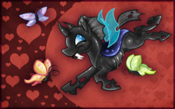 Size: 924x578 | Tagged: safe, artist:keetah-spacecat, butterfly, changeling, cute, happy, heart, playing, smiling