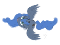 Size: 3305x2500 | Tagged: safe, artist:divlight, princess luna, g4, both cutie marks, female, from above, high res, looking up, simple background, sketchy, solo, spread wings