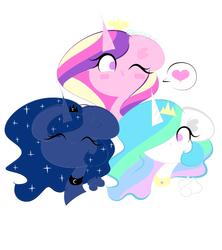 Size: 767x862 | Tagged: safe, artist:mlpbrony12326, princess cadance, princess celestia, princess luna, g4, :3, blushing, eyes closed, heart, kissy face, simple background, smiling, wink