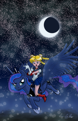 Size: 792x1224 | Tagged: safe, artist:giantmosquito, princess luna, human, g4, crescent moon, crossover, flying, humans riding ponies, moon, night, riding, sailor moon (series), space, stars