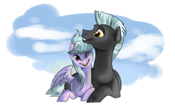 Size: 2300x1384 | Tagged: safe, artist:doretihome, cloudchaser, thunderlane, pegasus, pony, g4, female, hug, male, mare, prone, ship:thunderchaser, shipping, smiling, stallion, straight, winghug, wink