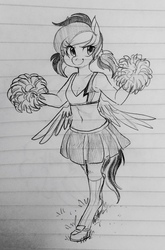 Size: 847x1280 | Tagged: safe, artist:glacierclear, rainbow dash, anthro, unguligrade anthro, g4, alternate hairstyle, belly button, cheerleader, clothes, female, lined paper, midriff, monochrome, pigtails, pom pom, sketch, skirt, solo, traditional art