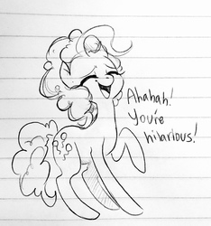 Size: 1200x1280 | Tagged: safe, artist:glacierclear, pinkie pie, g4, eyes closed, female, laughing, lined paper, monochrome, open mouth, raised hoof, sketch, solo, traditional art