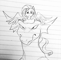 Size: 1280x1271 | Tagged: safe, artist:glacierclear, fluttershy, dragon, anthro, g4, :<, angry, boobhat, breasts, busty fluttershy, female, grayscale, lined paper, monochrome, nudity, sketch, spread wings, traditional art, unamused, wings
