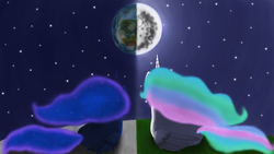 Size: 3500x1969 | Tagged: safe, artist:gennbu, princess celestia, princess luna, g4, mare in the moon, moon