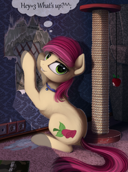 Size: 1708x2301 | Tagged: safe, artist:yakovlev-vad, roseluck, earth pony, pony, g4, bedroom eyes, behaving like a cat, bell, bell collar, call of duty, collar, cute, cyrillic, female, fluffy, grin, looking at you, looking back, mare, pony pet, rosepet, russian, scratching post, sitting, slender, smiling, smirk, solo, thin, translated in the comments, wall