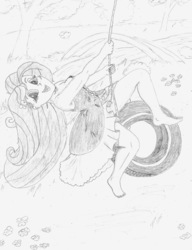 Size: 2471x3221 | Tagged: safe, artist:bigmacintosh2000, fluttershy, equestria girls, g4, barefoot, clothes, dress, feet, high res, monochrome, pencil drawing, smiling, swing, tire swing, traditional art