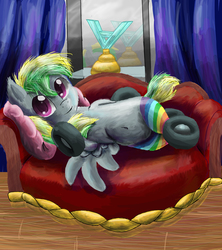 Size: 3349x3772 | Tagged: safe, artist:owlvortex, oc, oc only, oc:wheely bopper, original species, wheelpone, belly button, couch, curtains, draw me like one of your french girls, high res, looking at you, smiling, solo, trophy