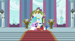 Size: 1024x558 | Tagged: source needed, safe, edit, princess celestia, shining armor, twilight sparkle, alicorn, pony, g4, female, incest, kissing, male, mare, ship:shiningsparkle, shipping, straight, twilight sparkle (alicorn), wedding