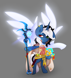 Size: 2267x2496 | Tagged: safe, artist:zmei-kira, oc, oc only, oc:strange nexus, pony, unicorn, artificial wings, augmented, bipedal, book, clothes, earring, fantasy class, frown, glare, heterochromia, high res, hoof hold, mage, magic, magic wings, solo, spread wings, staff, sword, warcraft, wings, wizard, world of warcraft