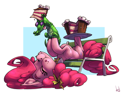 Size: 1250x954 | Tagged: safe, artist:atryl, gummy, pinkie pie, alligator, earth pony, pony, g4, :p, balancing, bench, bowtie, cake, cute, eyes closed, female, happy, mare, messy eating, on back, puffy cheeks, ribbon, smiling, tongue out