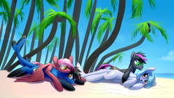 Size: 1920x1080 | Tagged: safe, artist:underpable, oc, oc only, oc:hatii, oc:zeny, earth pony, original species, pegasus, pony, shark pony, :p, beach, blushing, cuddling, cute, female, male, mare, on side, open mouth, shiny, smiling, snuggling, spread wings, stallion, tongue out