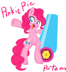 Size: 1191x1300 | Tagged: safe, artist:potzm, pinkie pie, earth pony, pony, g4, bipedal, female, looking at you, mare, name, open mouth, open smile, party cannon, simple background, smiling, smiling at you, solo, tail, transparent background