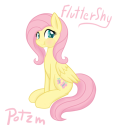 Size: 1300x1375 | Tagged: safe, artist:potzm, fluttershy, pegasus, pony, g4, female, folded wings, looking at you, mare, name, simple background, sitting, smiling, smiling at you, solo, tail, transparent background, wings