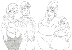 Size: 3258x2243 | Tagged: safe, artist:catstuxedo, cookie crumbles, hondo flanks, rarity, sweetie belle, human, g4, fat, high res, horn, horned humanization, humanized, monochrome