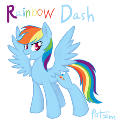 Size: 1500x1560 | Tagged: safe, artist:potzm, rainbow dash, pegasus, pony, g4, female, grin, looking at you, mare, name, simple background, smiling, smiling at you, solo, spread wings, tail, transparent background, wings