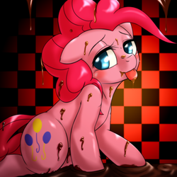 Size: 1000x1000 | Tagged: dead source, safe, artist:ushiro no kukan, pinkie pie, earth pony, pony, g4, chocolate, female, solo, tongue out
