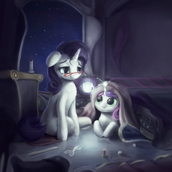 Size: 1000x1000 | Tagged: safe, artist:rodrigues404, rarity, sweetie belle, g4, blanket, cup, glasses, scissors, sisters, thread