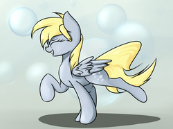 Size: 1344x1000 | Tagged: safe, artist:scootiebloom, derpy hooves, pegasus, pony, g4, bubble, female, grin, mare, smiling, solo
