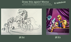 Size: 2200x1304 | Tagged: safe, artist:ruhisu, applejack, rarity, scootaloo, oc, oc:brave wing, pony, g4, blank flank, boutique, bravewing, cap, clothes, cowboy hat, draw this again, female, filly, gala, group, hat, male, mare, measuring tape, meme, officer, smiling, stallion, standing, uniform