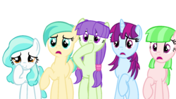 Size: 1280x720 | Tagged: safe, artist:berrypunchrules, drama letter, mystery mint, paisley, starlight, tennis match, watermelody, g4, background human, equestria girls ponified, ponified, worried